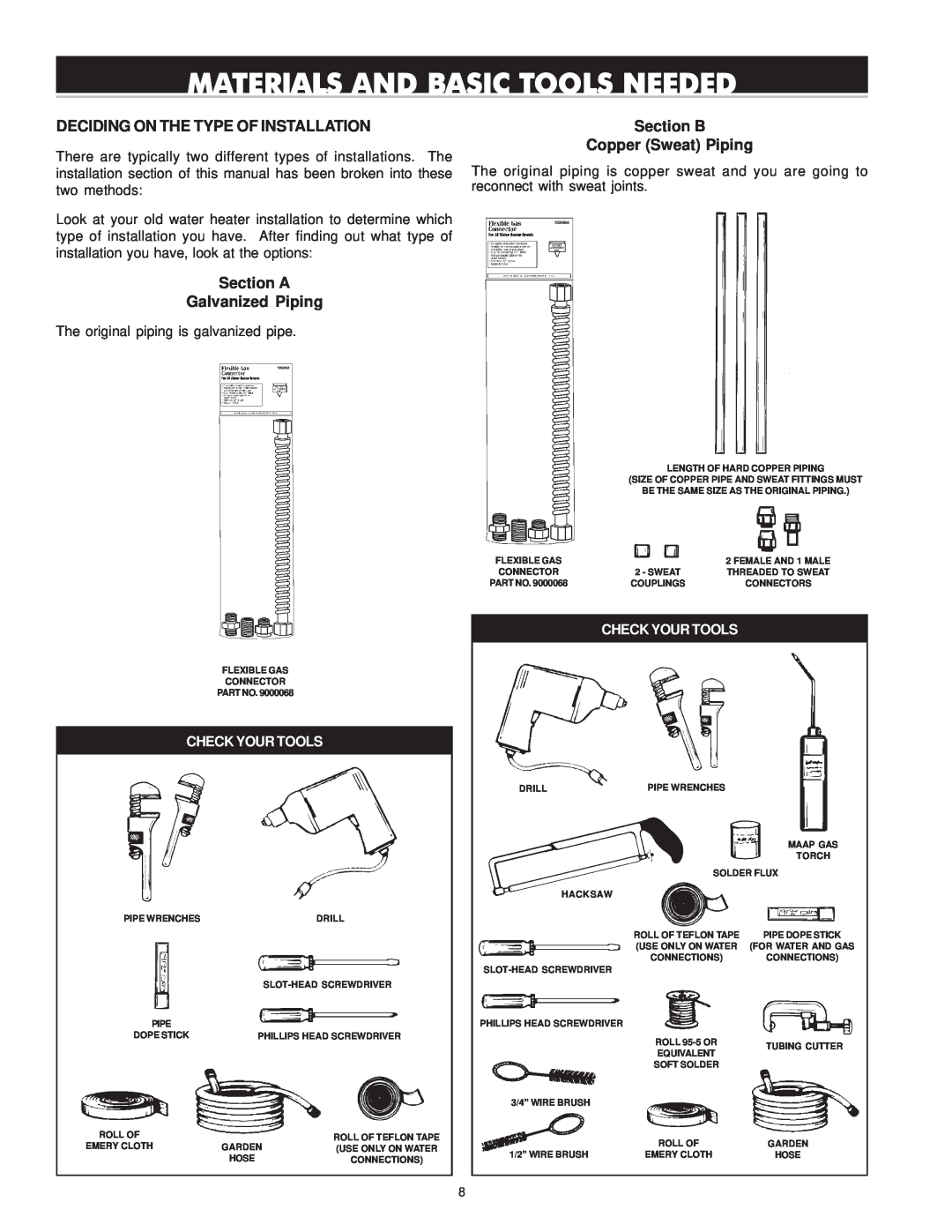 Reliance Water Heaters 196296-001 Materials And Basic Tools Needed, Deciding On The Type Of Installation, Check Your Tools 