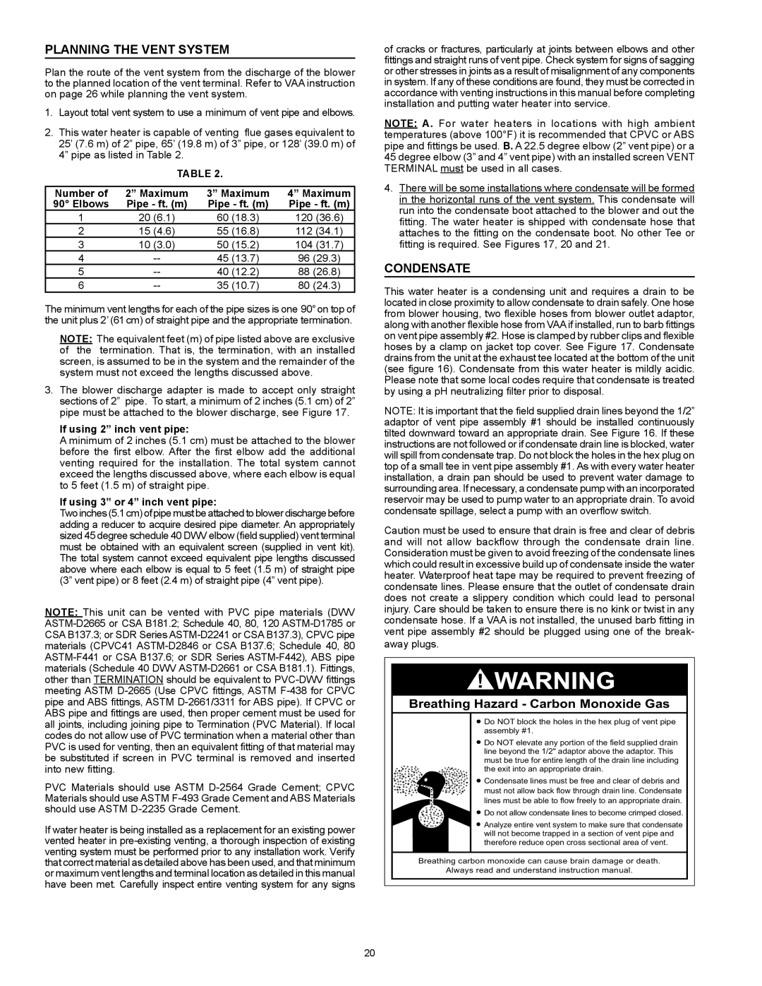 Reliance Water Heaters 6 50YTVIT SERIES 100 Planning the Vent System, Condensate, Breathing Hazard Carbon Monoxide Gas 