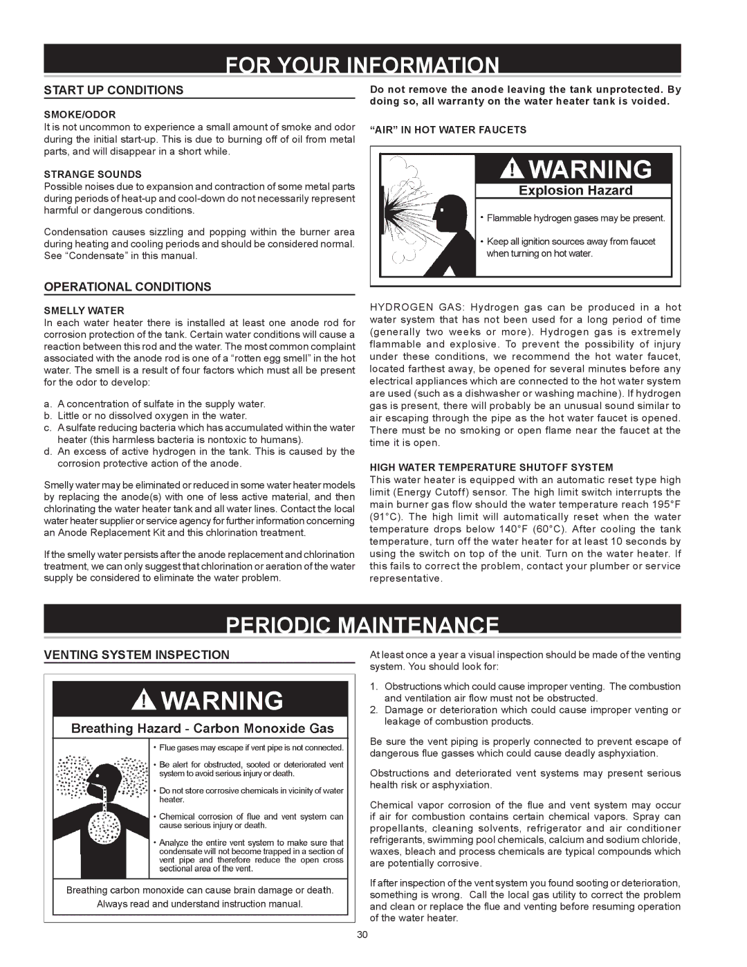 Reliance Water Heaters 6 50YTVIT SERIES 100, 317686-000 For Your Information, Periodic Maintenance, Start UP Conditions 