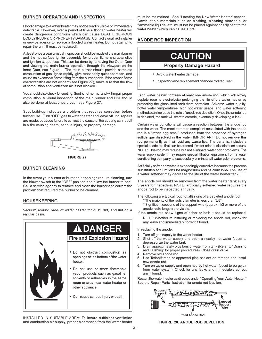 Reliance Water Heaters 317686-000 Burner Operation and Inspection, Burner Cleaning, Housekeeping, Anode ROD Inspection 