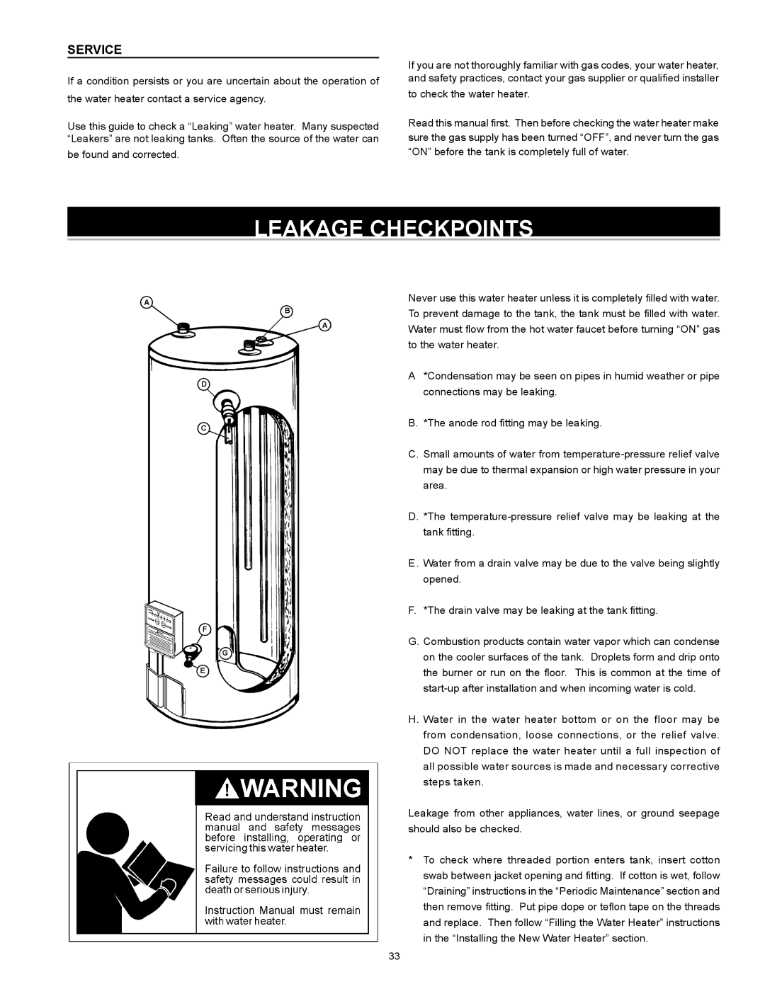 Reliance Water Heaters 317686-000, 6 50YTVIT SERIES 100 instruction manual Leakage Checkpoints, Service 