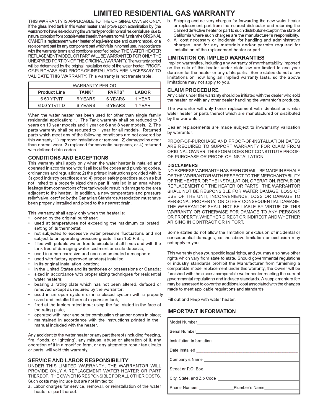 Reliance Water Heaters 317686-000 Conditions and Exceptions, Service and Labor Responsibility, Claim Procedure 