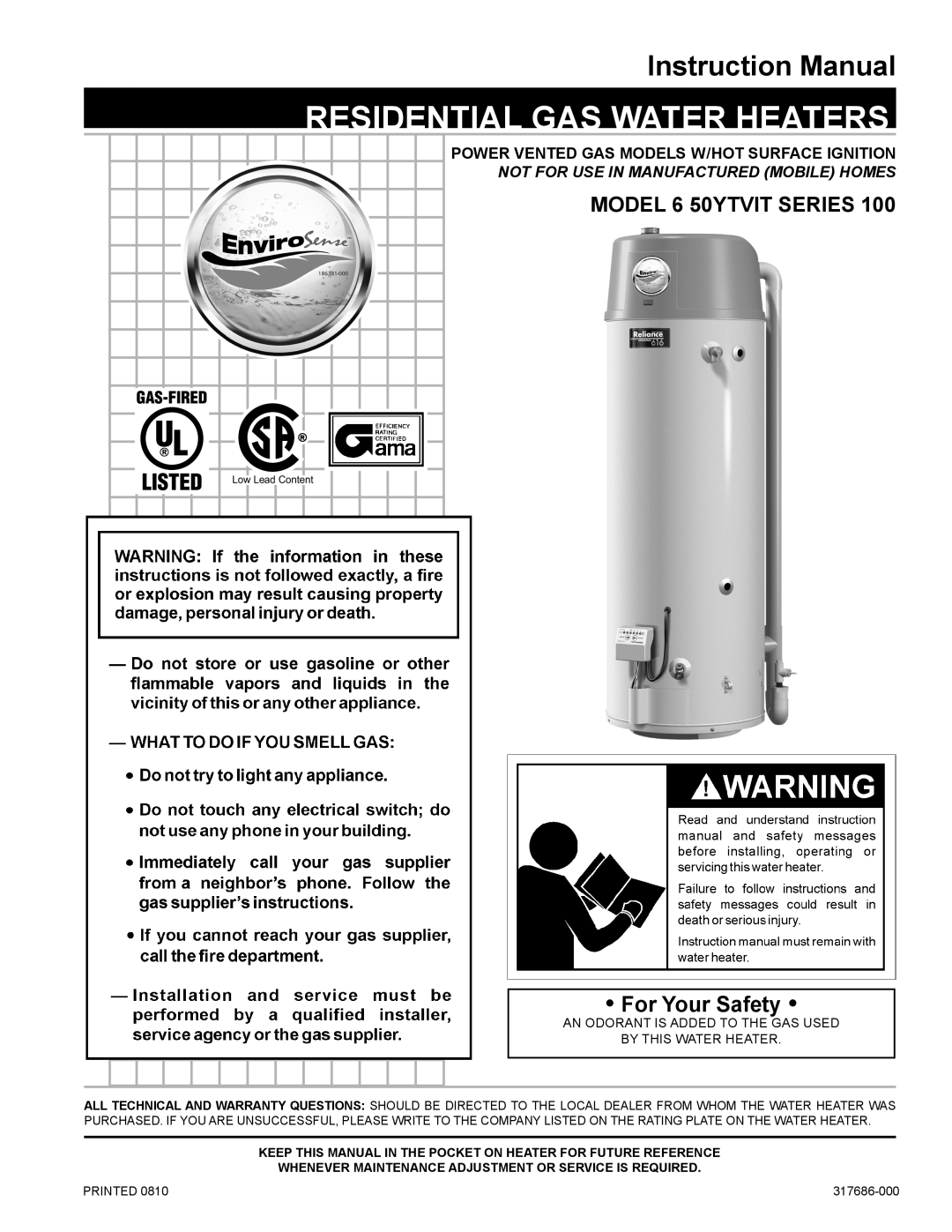 Reliance Water Heaters 317686-000 instruction manual For Your Safety, Residential Gas Water Heaters, Instruction Manual 