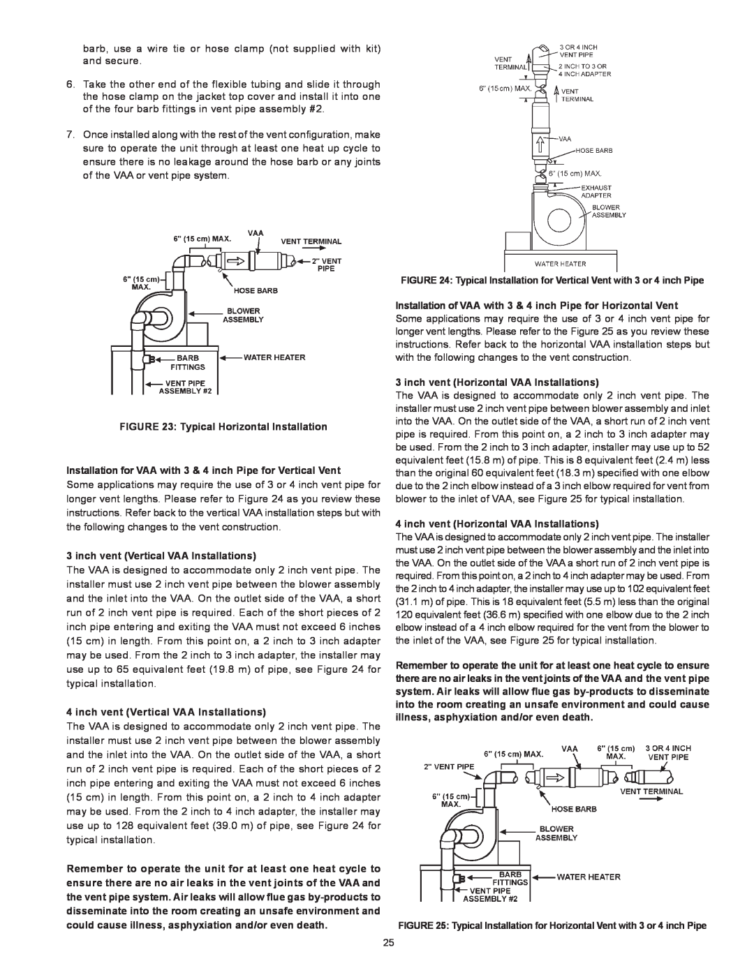 Reliance Water Heaters 317686-000 instruction manual Typical Horizontal Installation, inch vent Vertical VAA Installations 