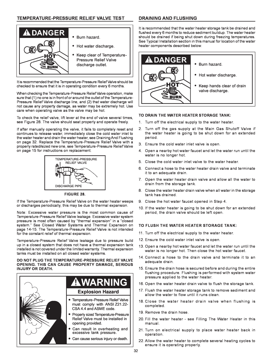 Reliance Water Heaters 6 50YTVIT SERIES 100 Temperature-PressureRelief Valve Test, Draining And Flushing, Burn hazard 