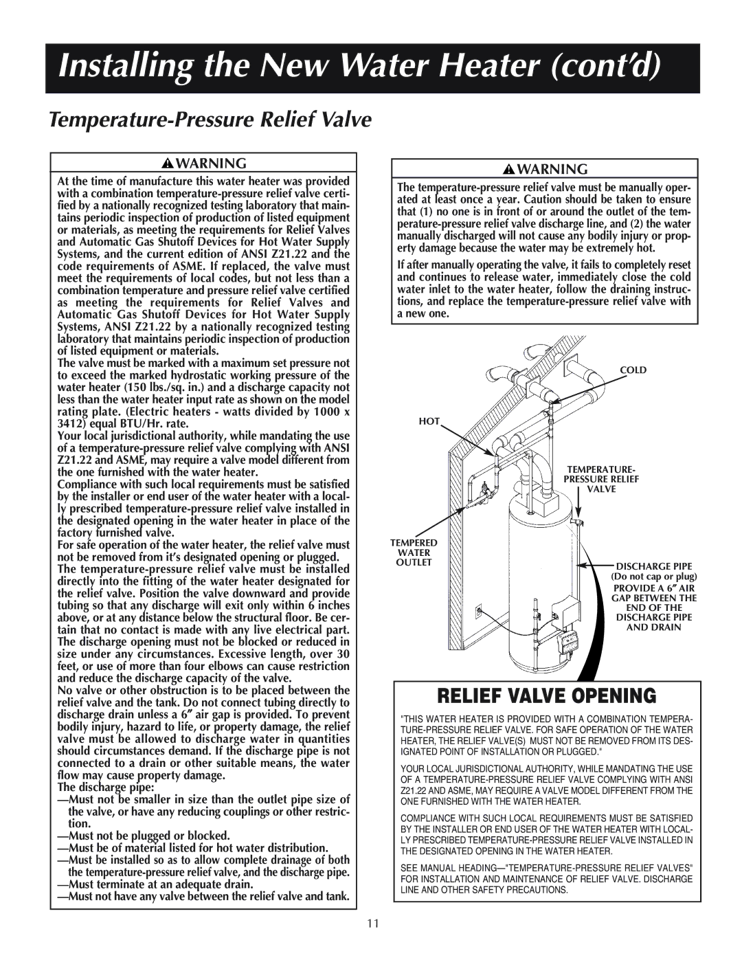 Reliance Water Heaters 184333-001, 606, 11-03 Installing the New Water Heater cont’d, Temperature-Pressure Relief Valve 