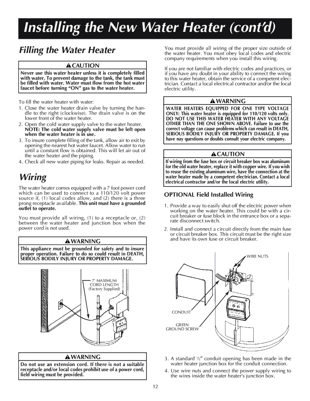 Reliance Water Heaters 606, 11-03, 184333-001 instruction manual Filling the Water Heater, Wiring 