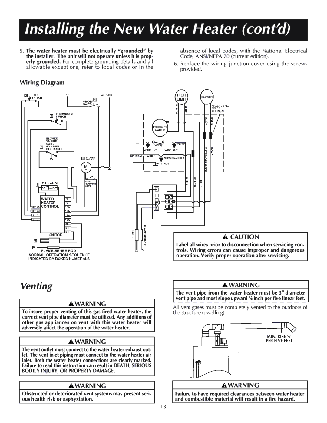 Reliance Water Heaters 11-03, 606, 184333-001 instruction manual Venting, Wiring Diagram 