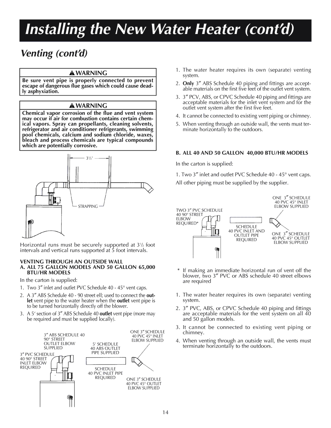 Reliance Water Heaters 184333-001, 606, 11-03 instruction manual Venting cont’d, ALL 40 and 50 Gallon 40,000 BTU/HR Models 