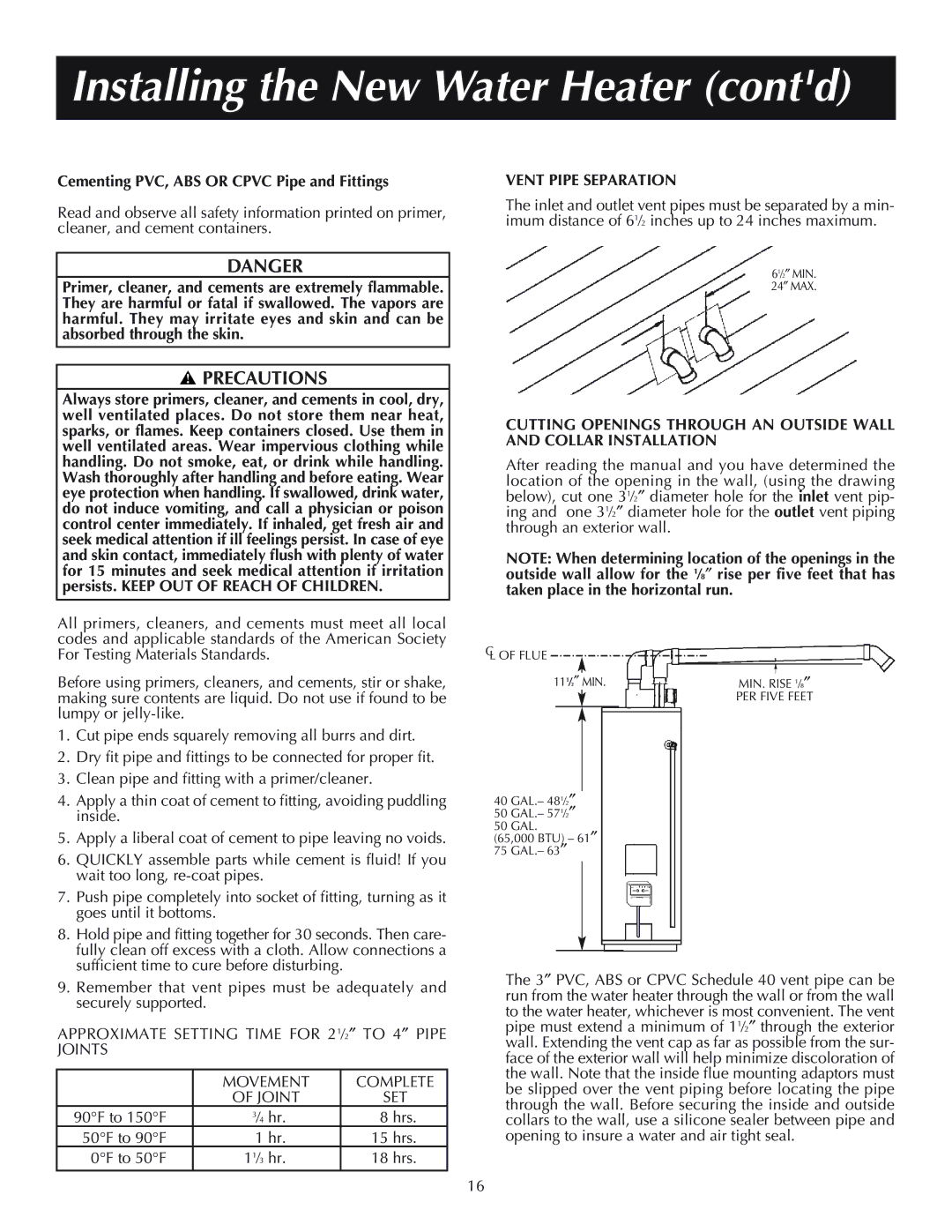 Reliance Water Heaters 11-03, 606 Precautions, Cementing PVC, ABS or Cpvc Pipe and Fittings, Vent Pipe Separation 