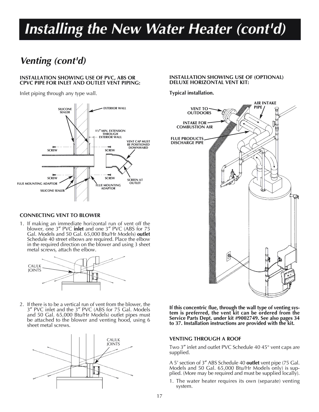 Reliance Water Heaters 184333-001 Venting contd, Connecting Vent to Blower, Typical installation, Venting Through a Roof 