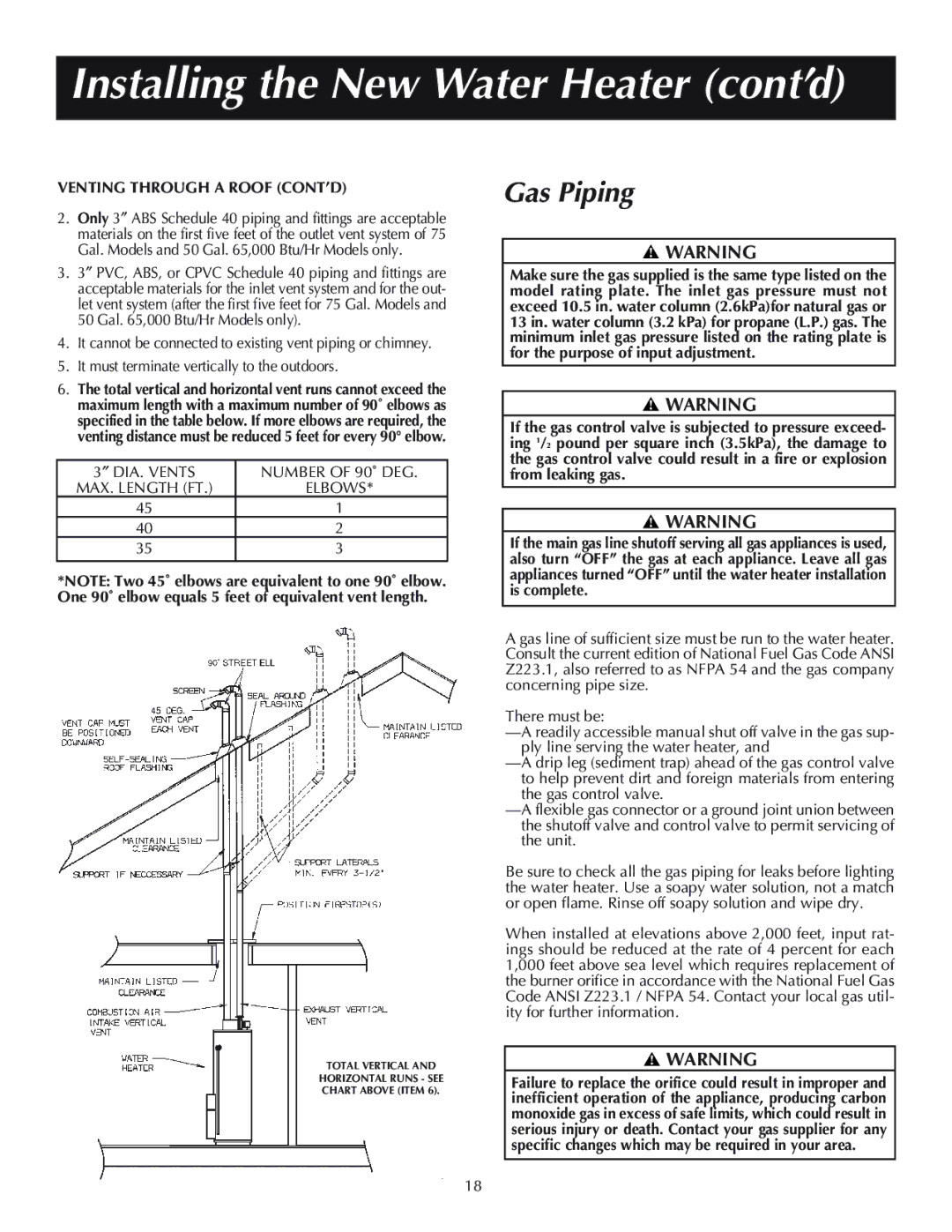 Reliance Water Heaters 606, 11-03, 184333-001 instruction manual Gas Piping, Venting Through a Roof CONT’D 