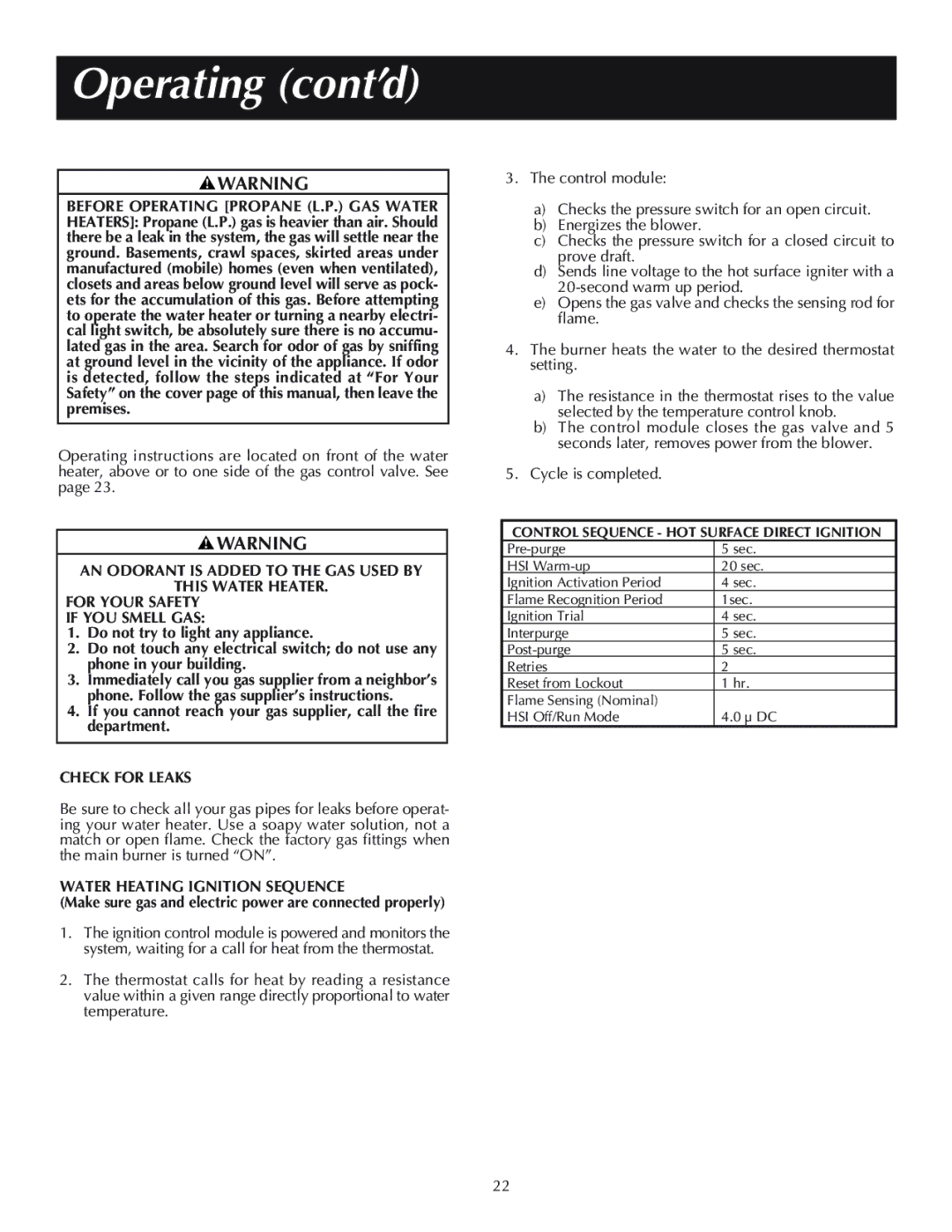 Reliance Water Heaters 11-03, 606, 184333-001 Operating cont’d, Check for Leaks, Water Heating Ignition Sequence 