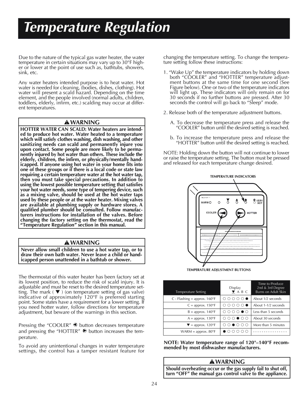 Reliance Water Heaters 606, 11-03, 184333-001 Temperature Regulation, Temperature Indicators Temperature Adjustment Buttons 