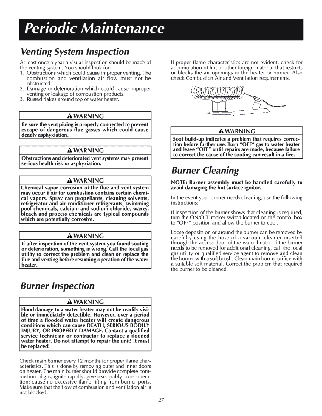 Reliance Water Heaters 606, 11-03 Periodic Maintenance, Venting System Inspection, Burner Inspection, Burner Cleaning 