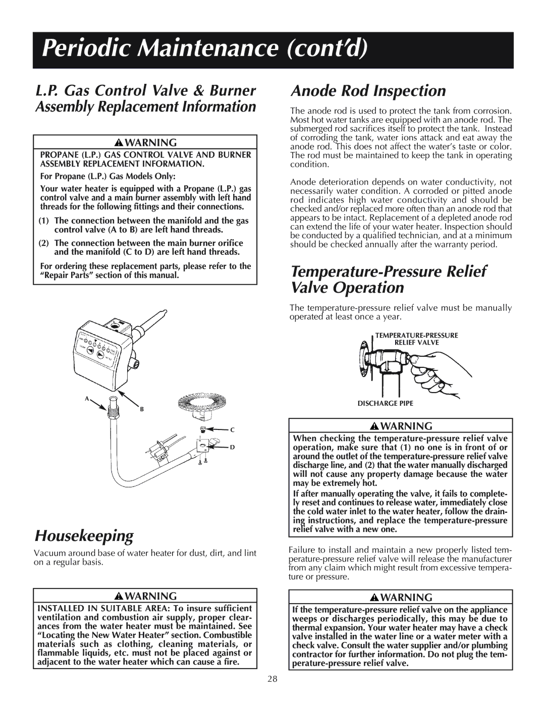 Reliance Water Heaters 11-03, 606, 184333-001 Periodic Maintenance cont’d, Housekeeping, Anode Rod Inspection 