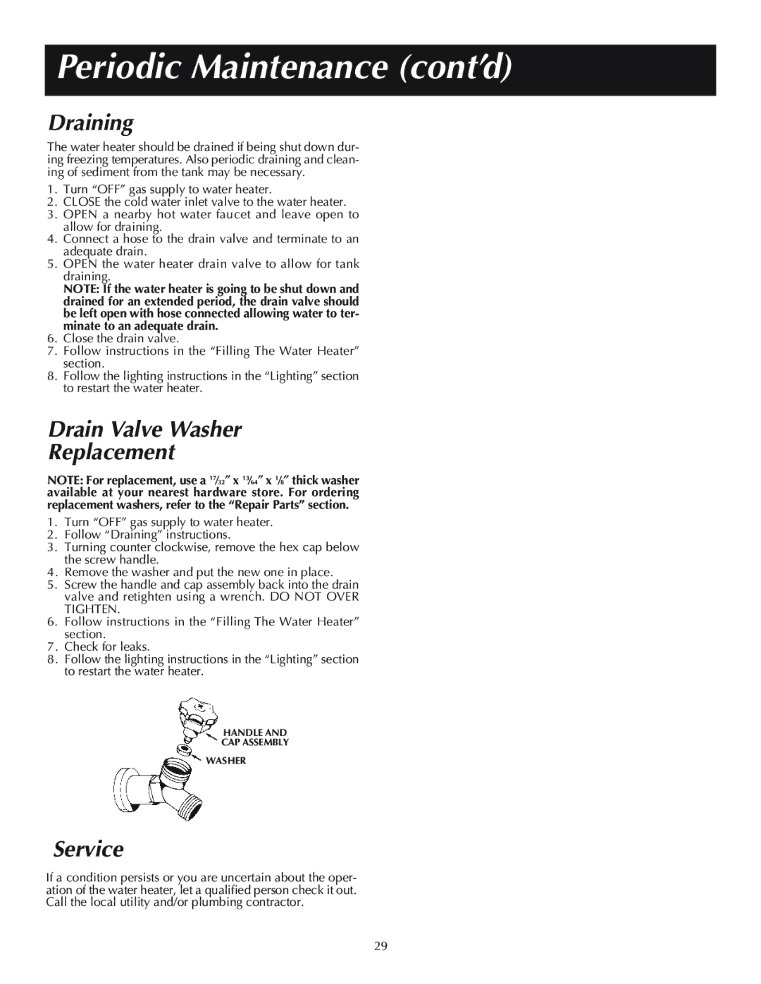 Reliance Water Heaters 184333-001, 606, 11-03 instruction manual Draining, Drain Valve Washer Replacement, Service 