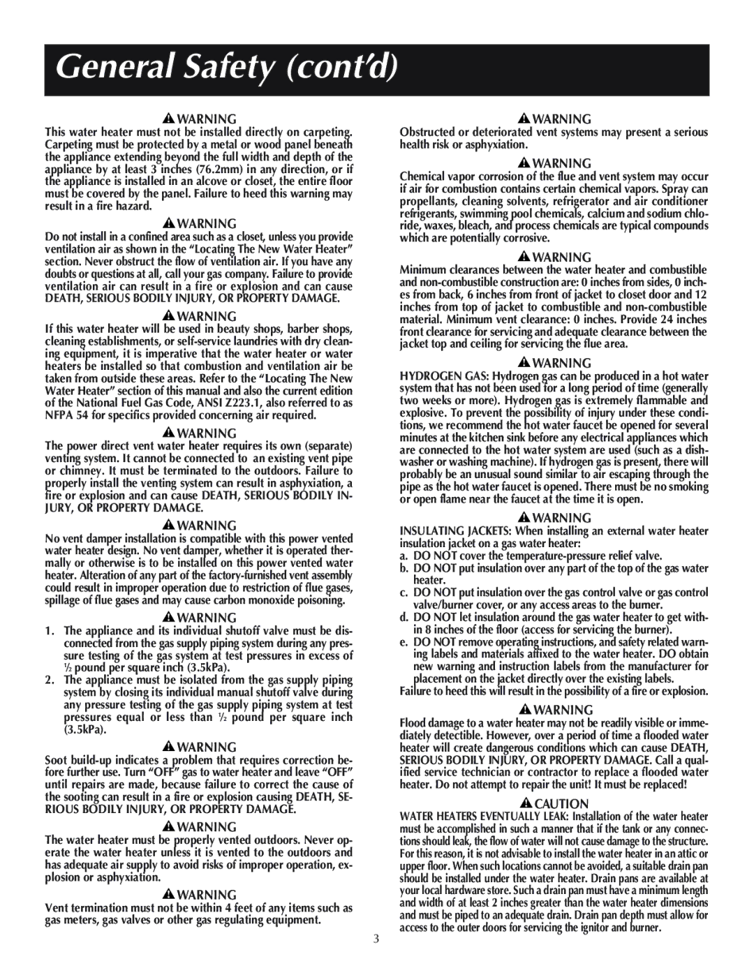 Reliance Water Heaters 606, 11-03, 184333-001 General Safety cont’d, DEATH, Serious Bodily INJURY, or Property Damage 