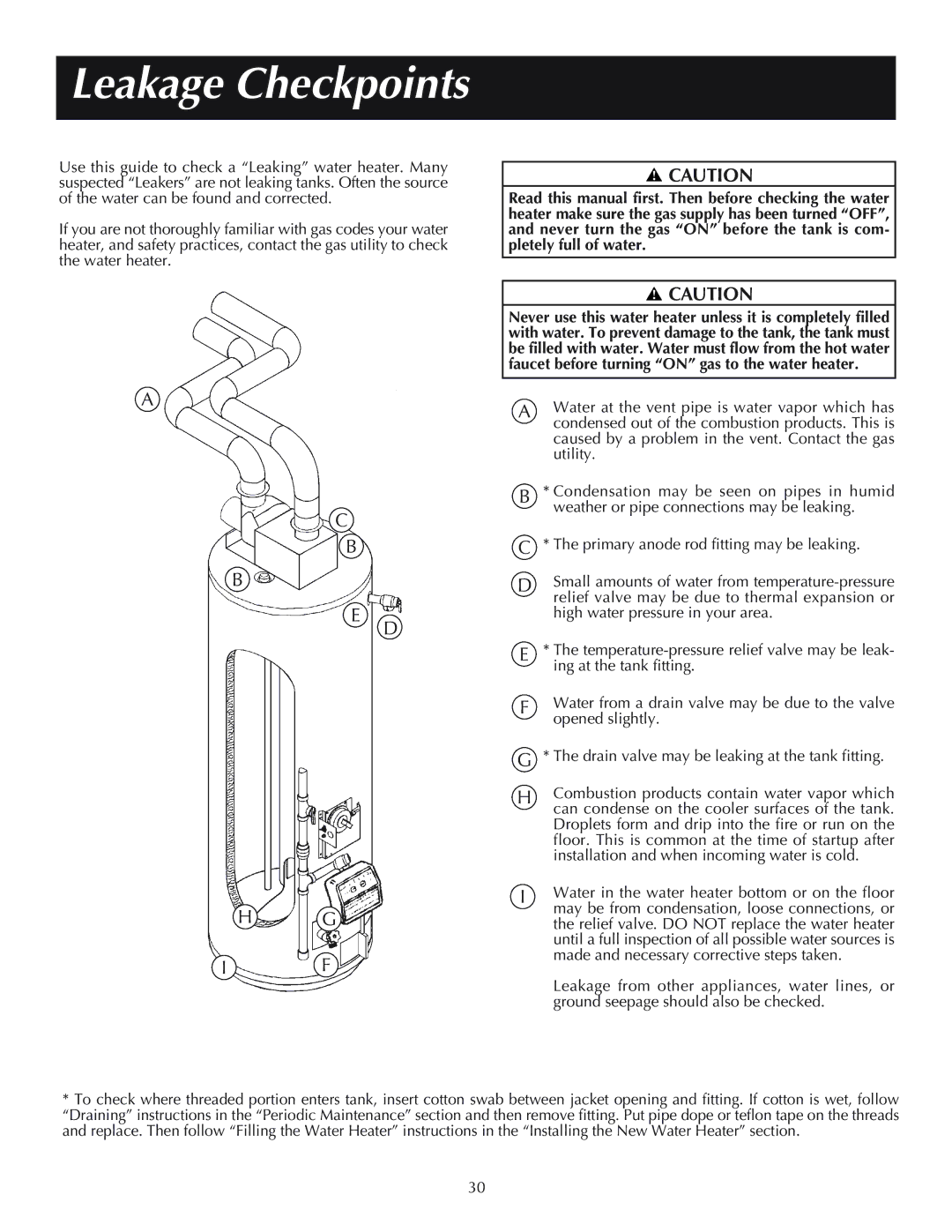 Reliance Water Heaters 606, 11-03, 184333-001 instruction manual Leakage Checkpoints 