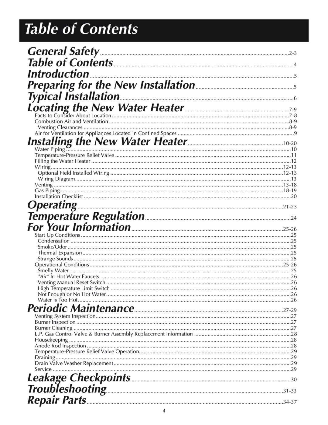 Reliance Water Heaters 11-03, 606, 184333-001 instruction manual Table of Contents 