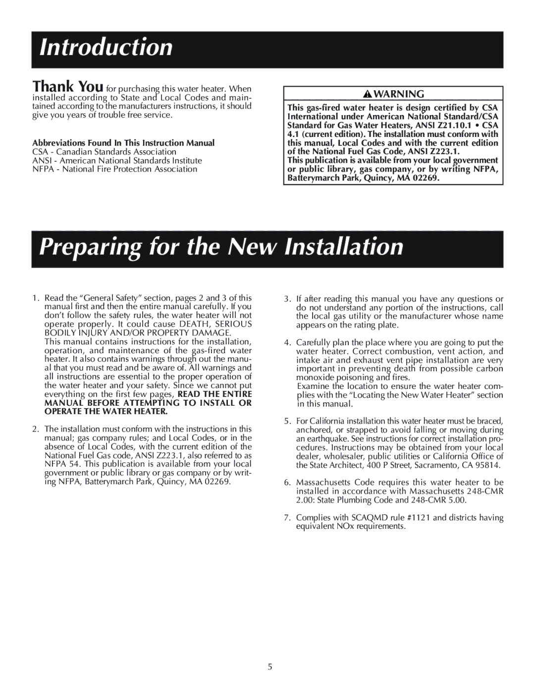 Reliance Water Heaters 184333-001, 606, 11-03 instruction manual Introduction, Preparing for the New Installation 