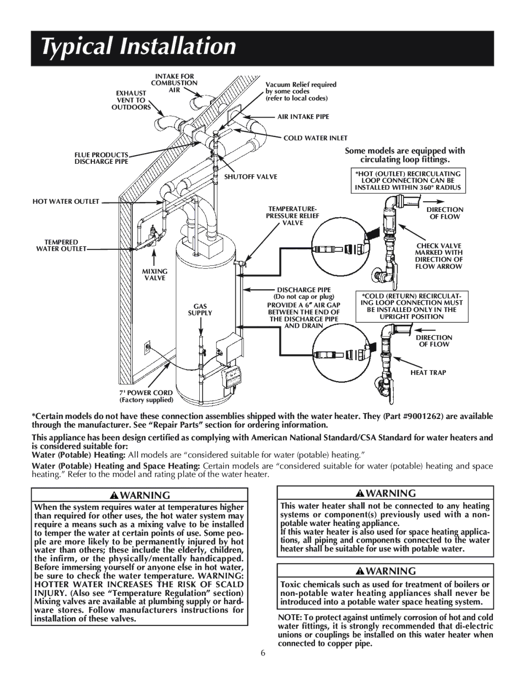 Reliance Water Heaters 606, 11-03, 184333-001 Typical Installation, Some models are equipped with Circulating loop fittings 