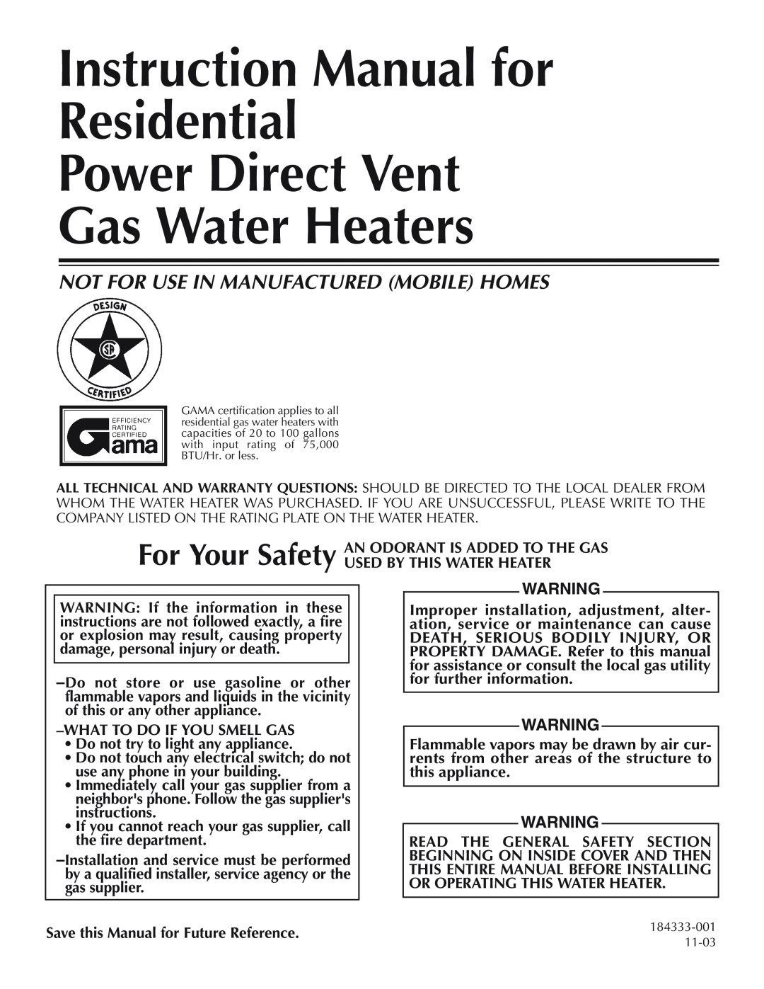 Reliance Water Heaters 11-03, 606, 184333-001 instruction manual Power Direct Vent Gas Water Heaters 