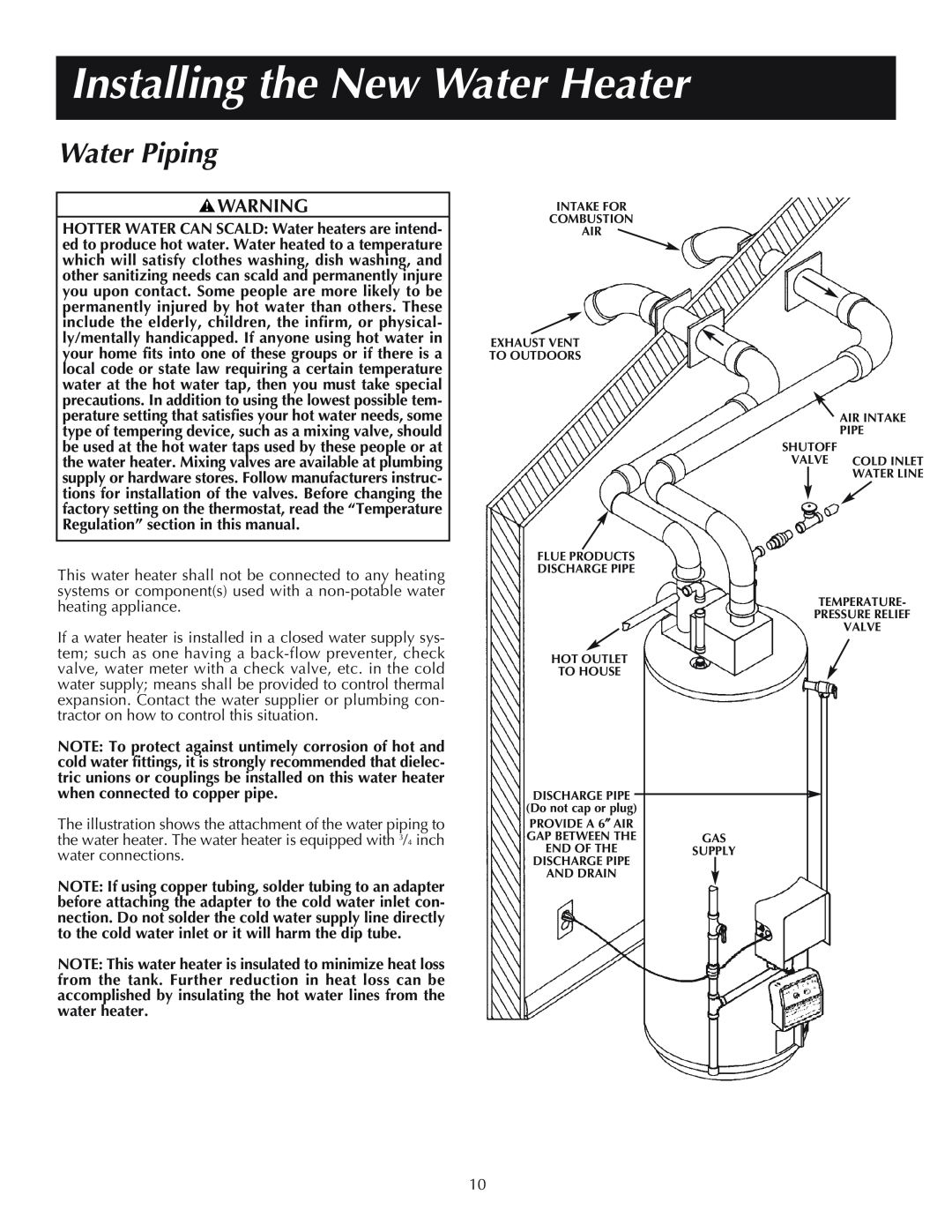 Reliance Water Heaters 11-03, 606, 184333-001 instruction manual Installing the New Water Heater, Water Piping 