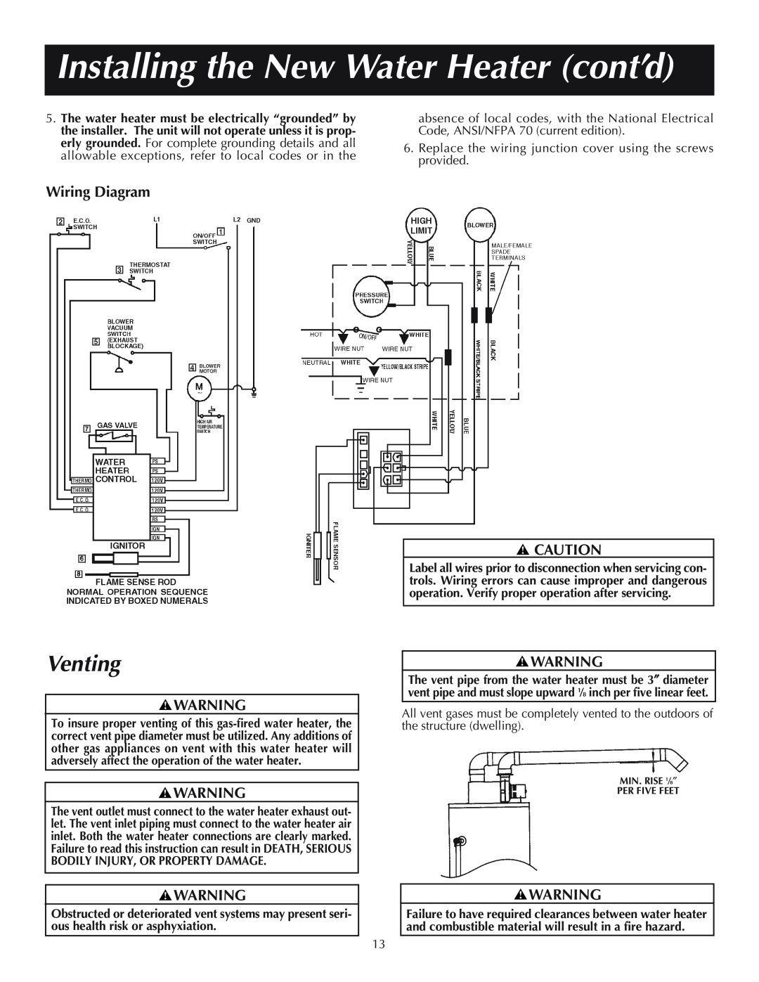 Reliance Water Heaters 11-03, 606, 184333-001 Venting, Installing the New Water Heater cont’d, Wiring Diagram 