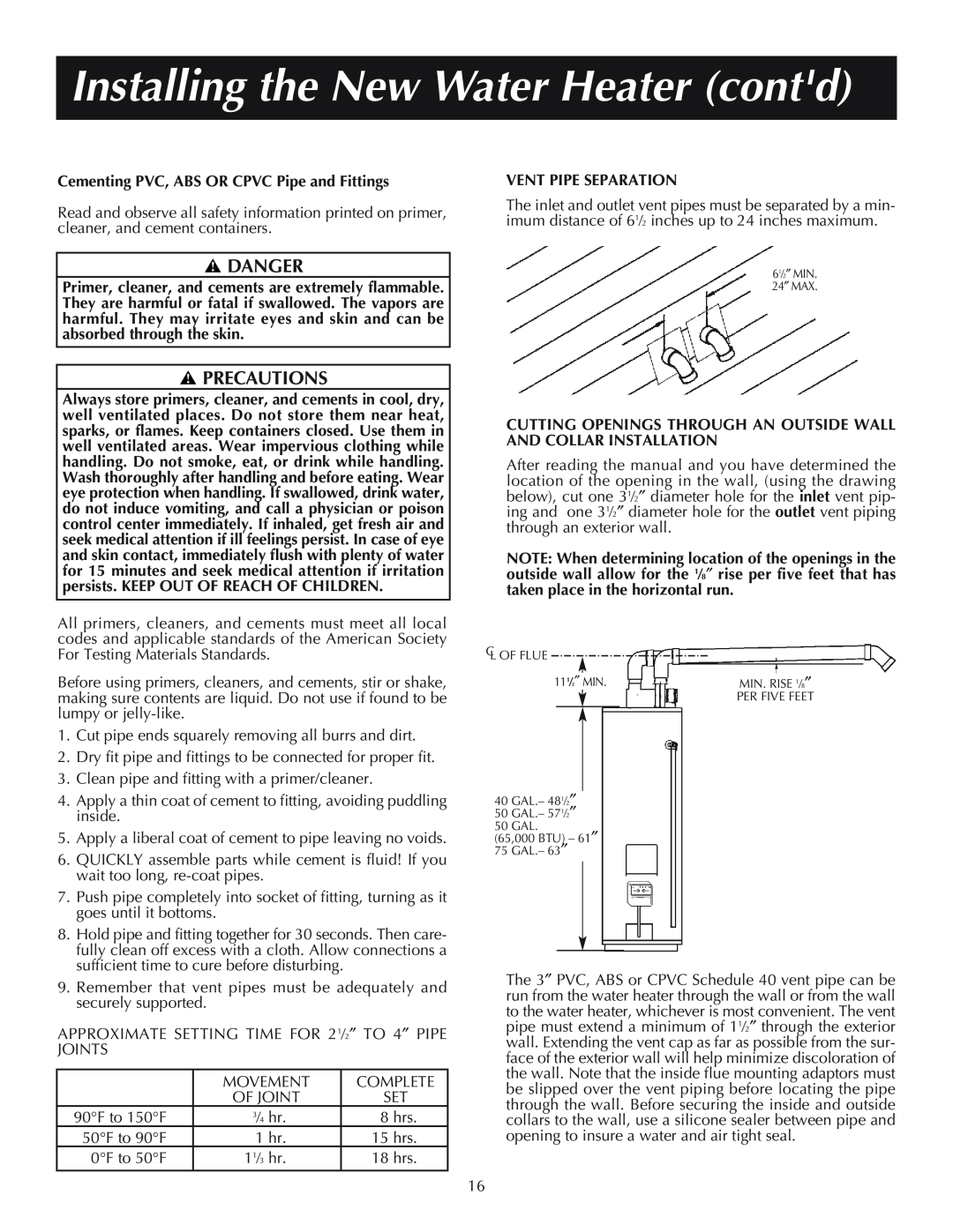 Reliance Water Heaters 11-03, 606, 184333-001 instruction manual Installing the New Water Heater contd, Danger, Precautions 