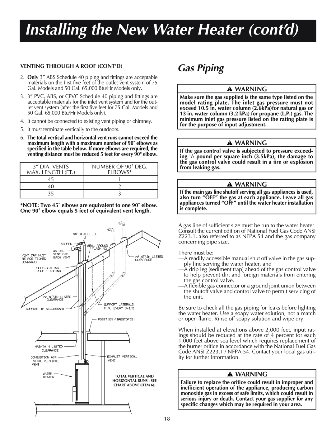 Reliance Water Heaters 606, 11-03, 184333-001 instruction manual Gas Piping, Installing the New Water Heater cont’d 