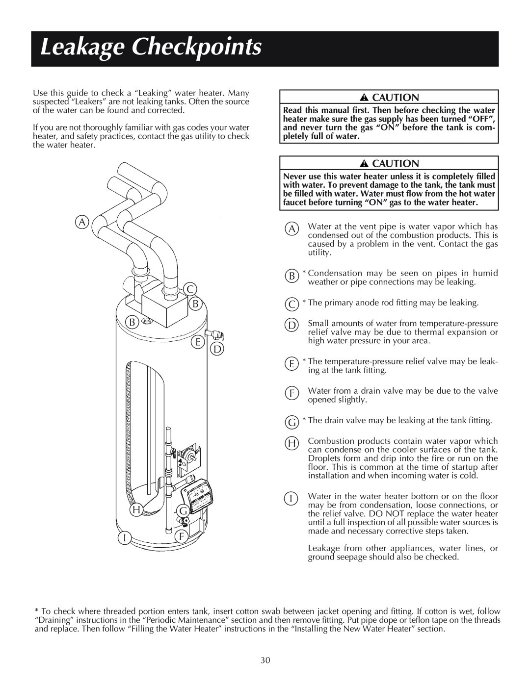 Reliance Water Heaters 606, 11-03, 184333-001 instruction manual Leakage Checkpoints, A C B B E Hg If 