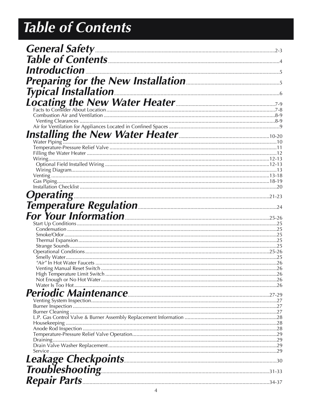 Reliance Water Heaters 11-03, 606, 184333-001 instruction manual Table of Contents 
