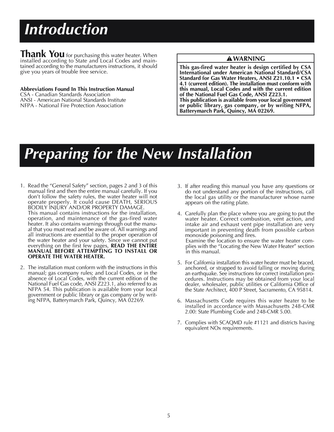 Reliance Water Heaters 184333-001, 606, 11-03 instruction manual Introduction, Preparing for the New Installation 