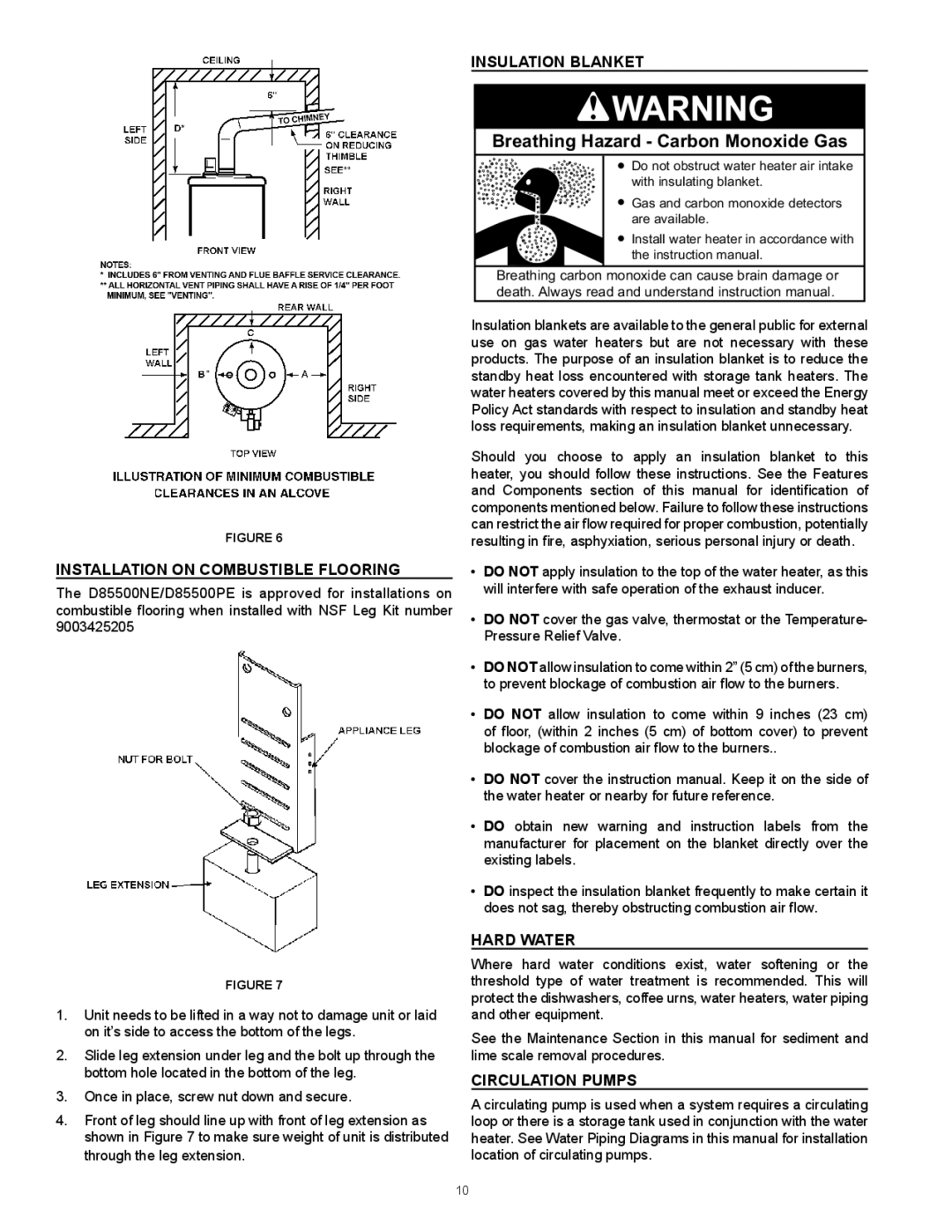 Reliance Water Heaters D85500NE Installation On Combustible Flooring, Insulation Blanket, Hard Water, Circulation Pumps 