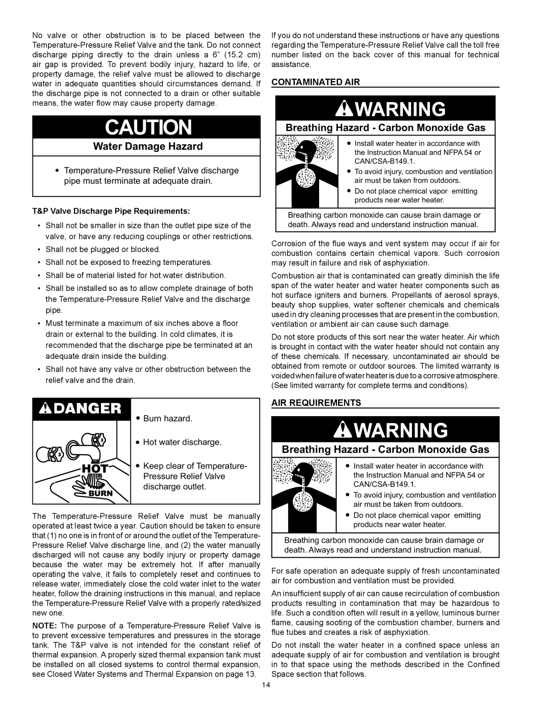 Reliance Water Heaters D85500NE, D85500PE instruction manual Contaminated Air, Air Requirements 