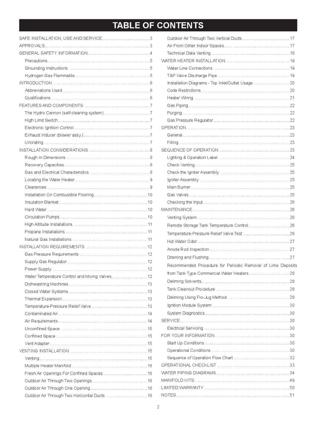 Reliance Water Heaters D85500NE, D85500PE instruction manual Table Of Contents 