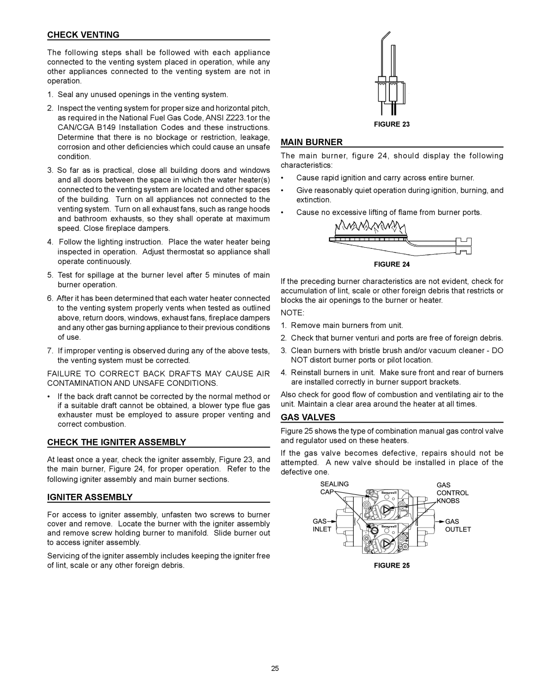 Reliance Water Heaters D85500PE, D85500NE Check Venting, Check the Igniter Assembly, Main Burner, Gas Valves 