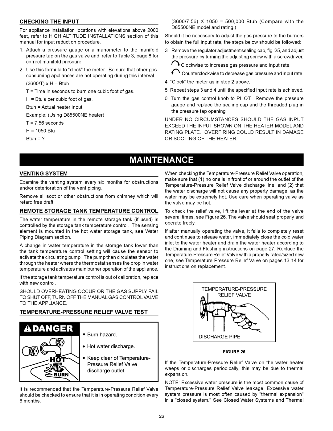 Reliance Water Heaters D85500NE Maintenance, Checking the Input, Venting System, Remote Storage Tank Temperature Control 