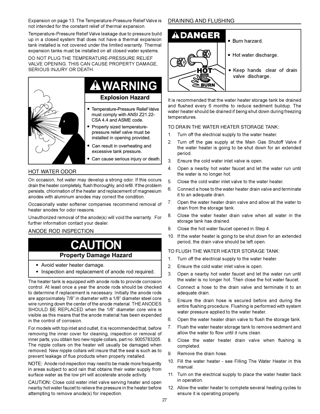 Reliance Water Heaters D85500PE, D85500NE instruction manual Hot Water Odor, Anode Rod Inspection, Draining and Flushing 