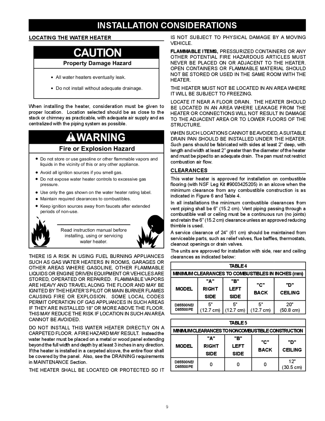 Reliance Water Heaters D85500PE, D85500NE Locating the Water Heater, Clearances, Model Right Left Back Ceiling Side 