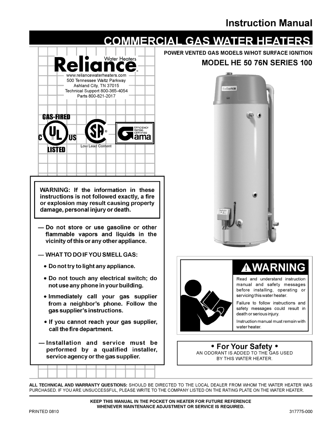 Reliance Water Heaters 317775-000 instruction manual Power Vented GAS Models W/HOT Surface Ignition, Printed 