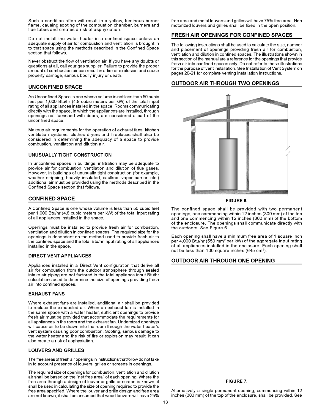 Reliance Water Heaters 317775-000, HE50 76N Series 100 Unconfined Space, Fresh Air Openings For Confined Spaces 