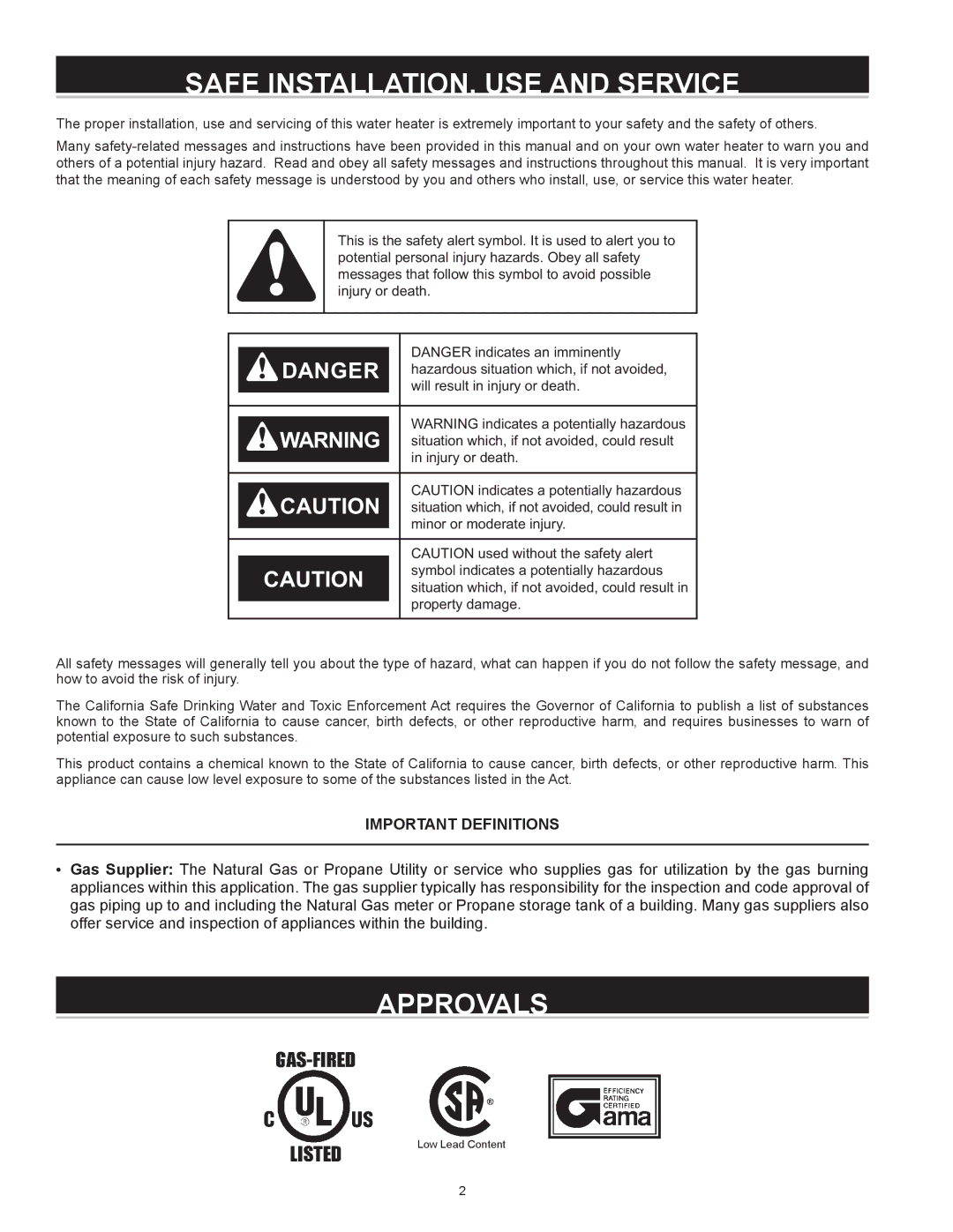 Reliance Water Heaters HE50 76N Series 100 Safe INSTALLATION, USE and Service, Approvals, Important Definitions 