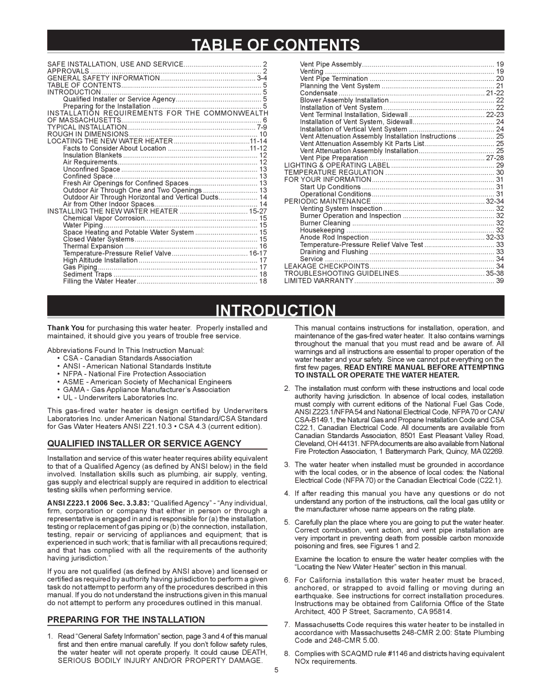 Reliance Water Heaters 317775-000, HE50 76N Series 100 instruction manual Table of Contents, Introduction 