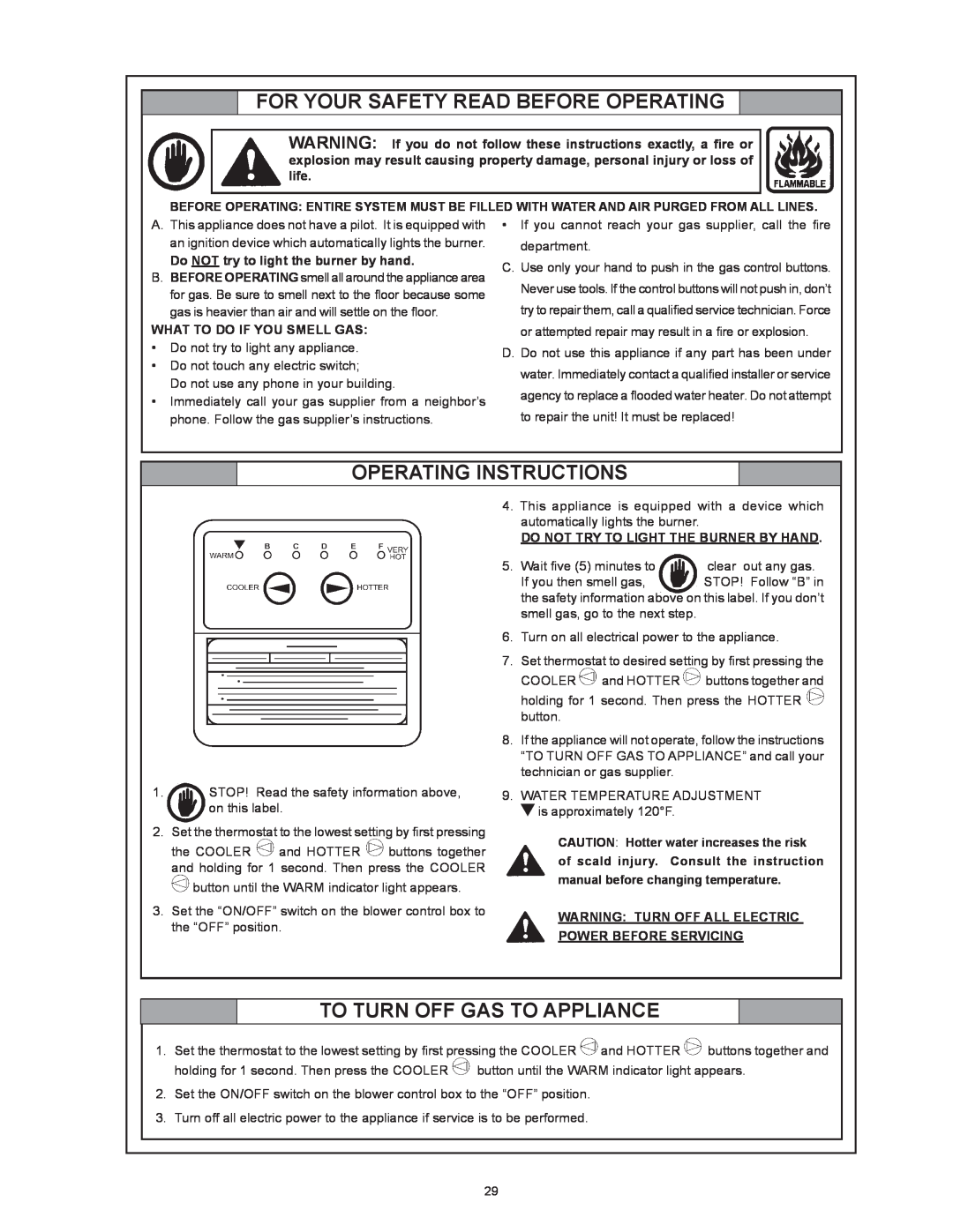 Reliance Water Heaters 317775-000 For Your Safety Read Before Operating, Operating Instructions, Power Before Servicing 