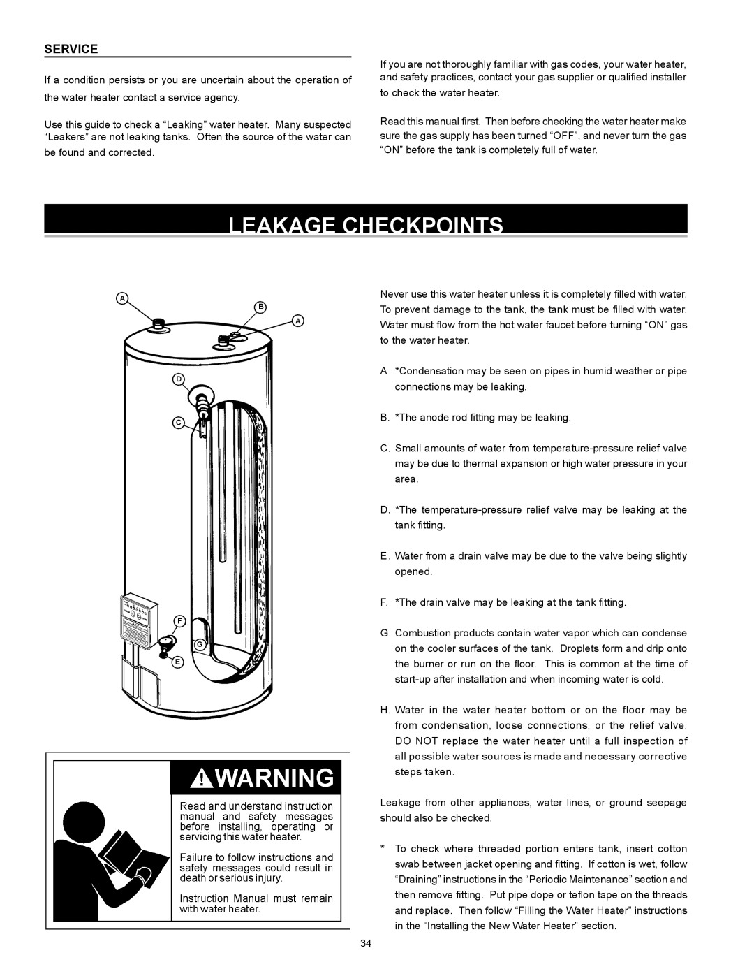 Reliance Water Heaters HE50 76N Series 100, 317775-000 instruction manual Leakage Checkpoints, Service 