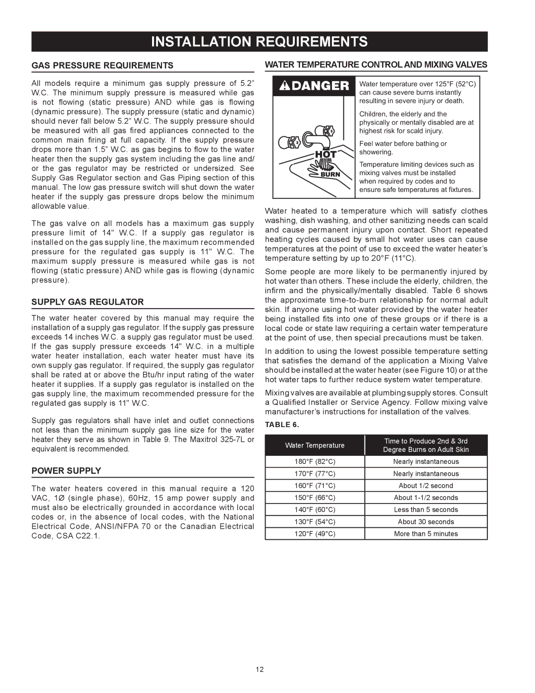 Reliance Water Heaters N85390NE Installation Requirements, Gas pressure requirements, Supply Gas Regulator, Power Supply 