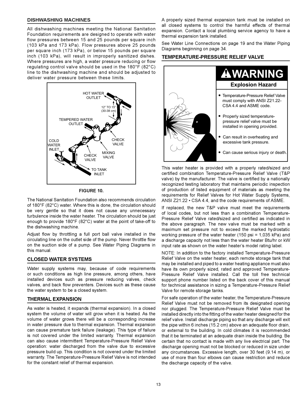 Reliance Water Heaters N71120NE, N85390NE instruction manual Dishwashing Machines, Closed Water Systems, Thermal Expansion 