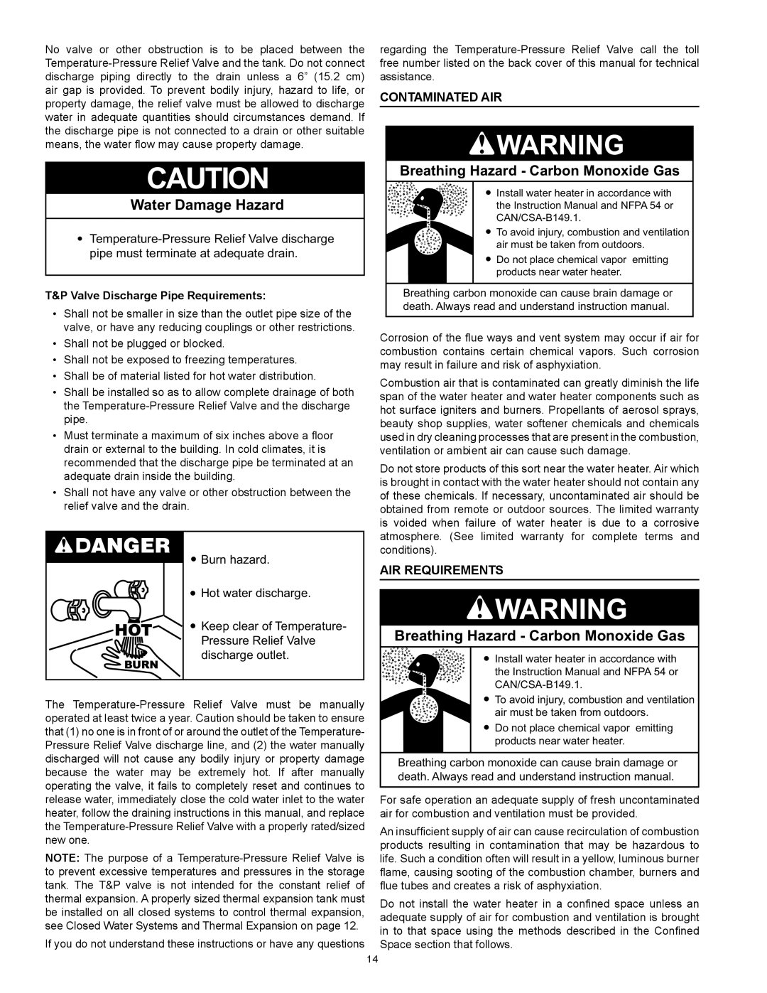 Reliance Water Heaters N85390NE, N71120NE Contaminated Air, Air requirements, Valve Discharge Pipe Requirements 